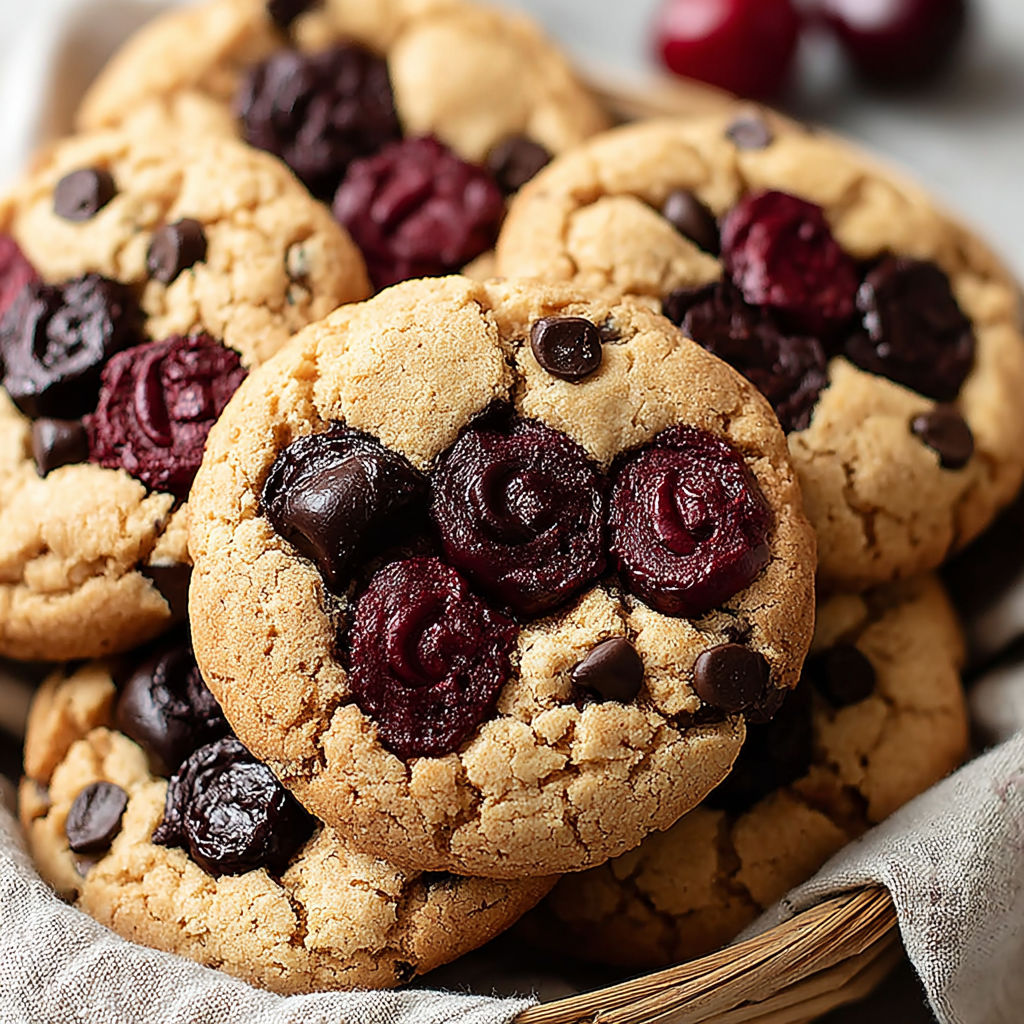 A plate of cookies with chocolate chips and raspberries.