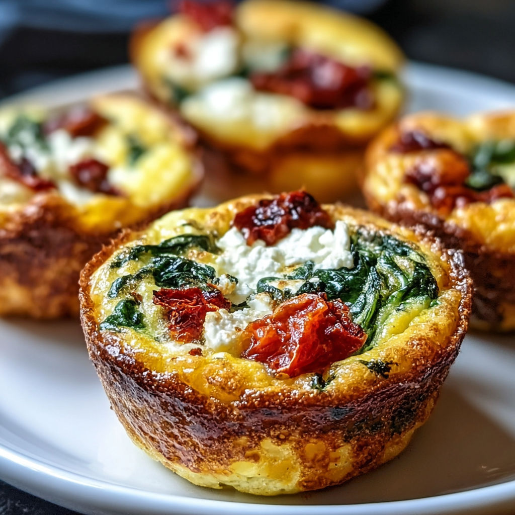 Three muffins with spinach, feta, and sun-dried tomato.