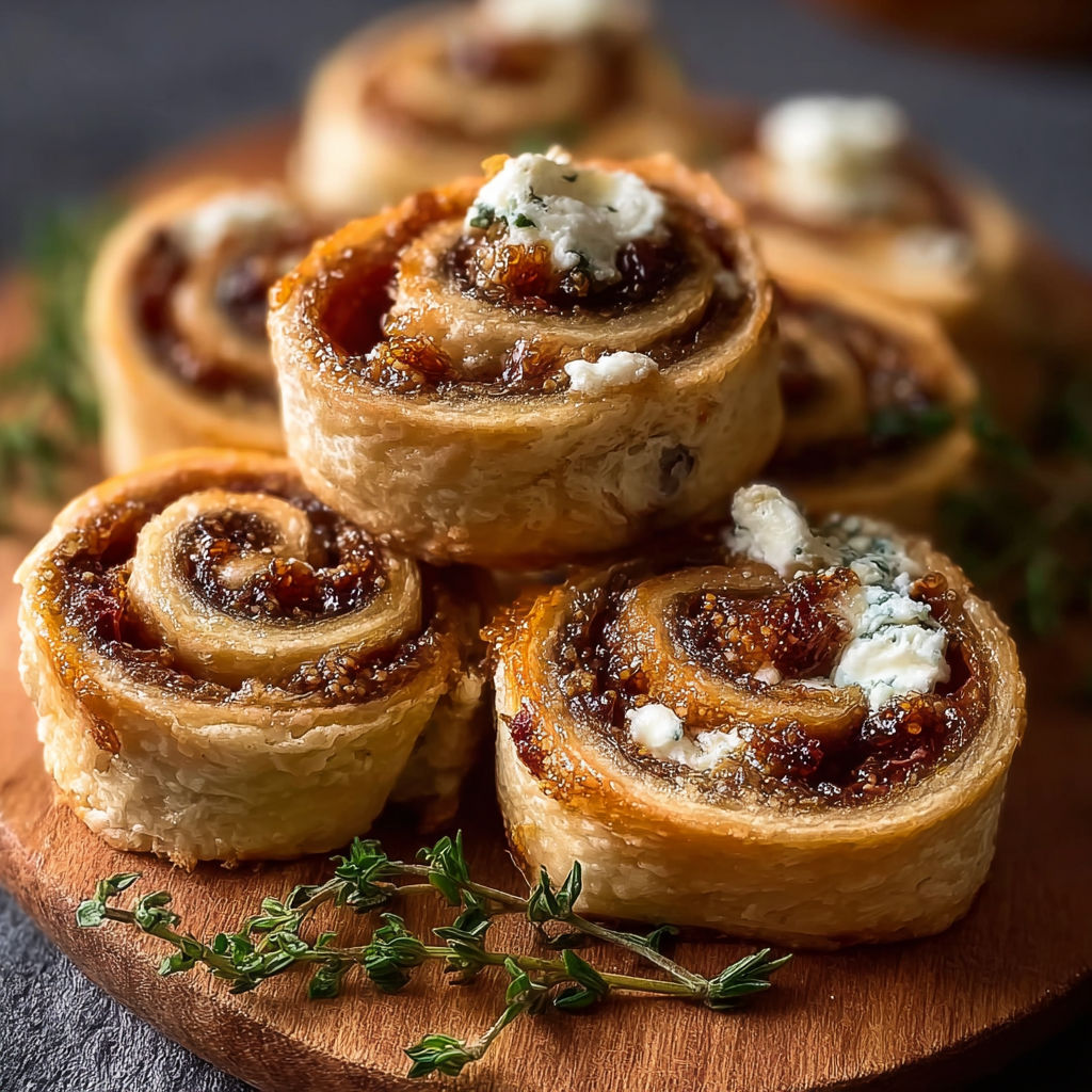 A wooden table with four rolls of pastry with blue cheese on top.