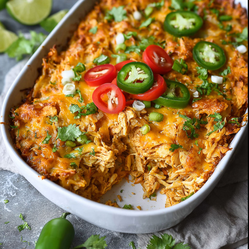 A dish with chicken, tomatoes, and jalapenos.