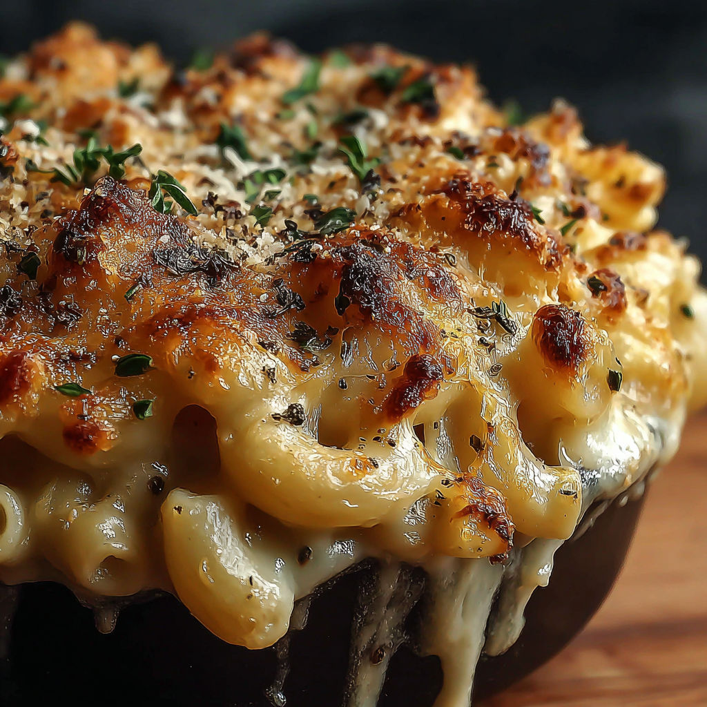 A close up of a casserole dish with a cheesy macaroni and cheese dish.