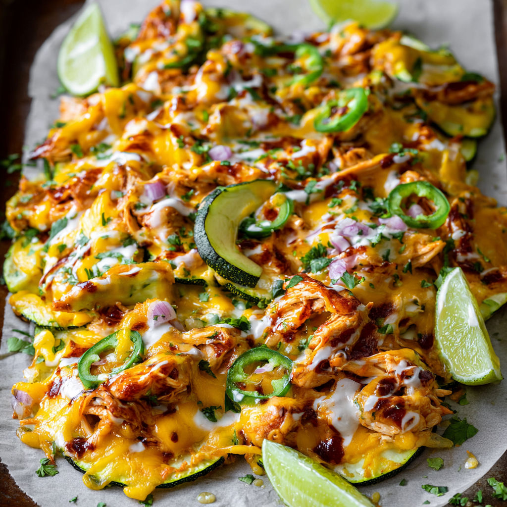 A plate of cheesy BBQ chicken zucchini nachos.