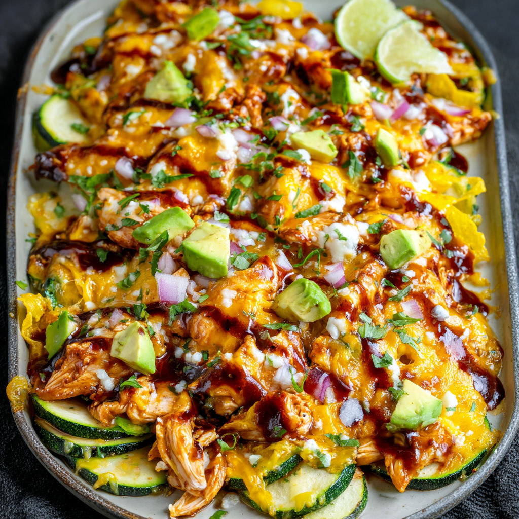A dish of food with chicken, avocado, and zucchini.