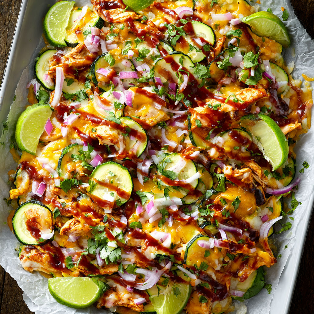 A dish with chicken, zucchini, and onions.