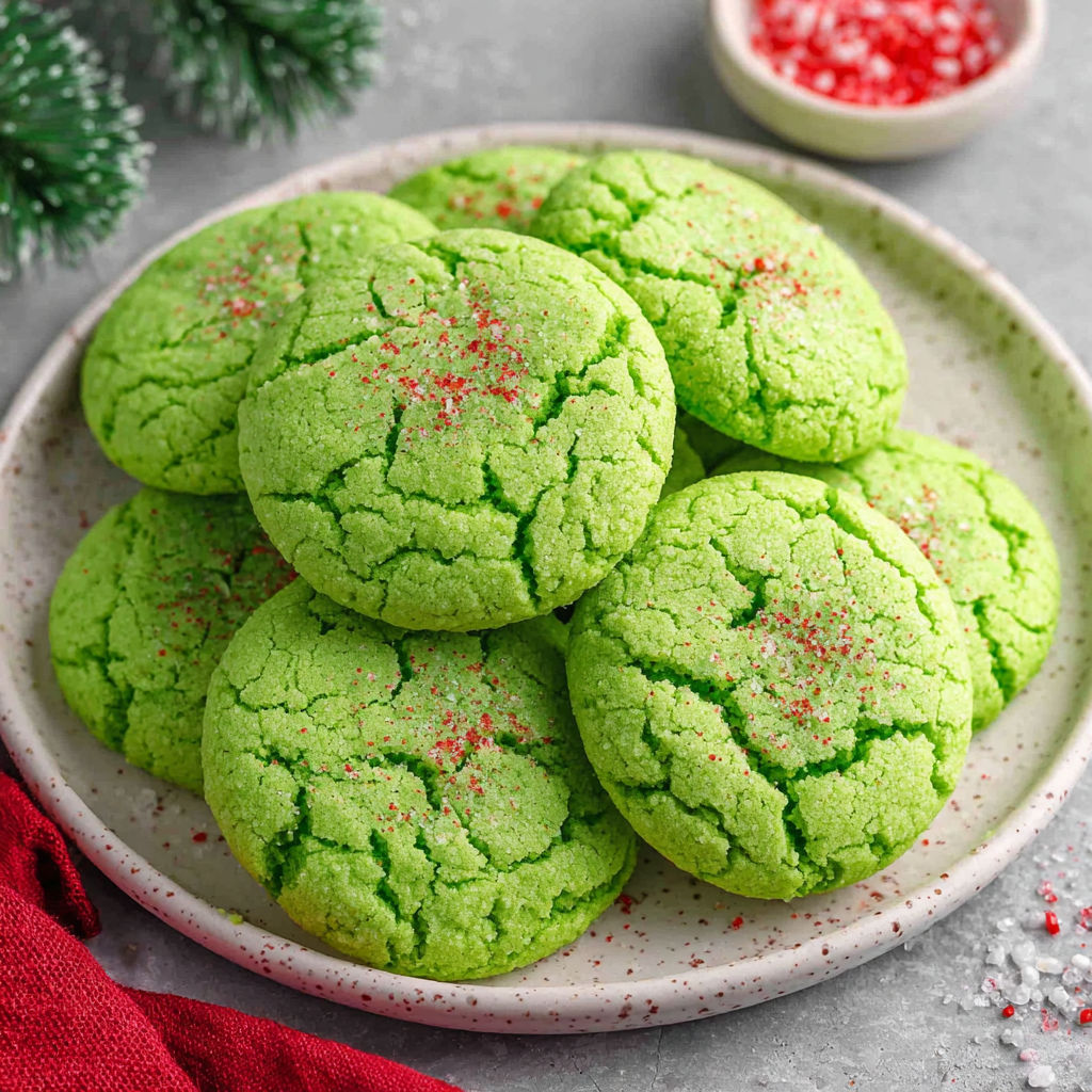 A plate of green cookies with red sprinkles.