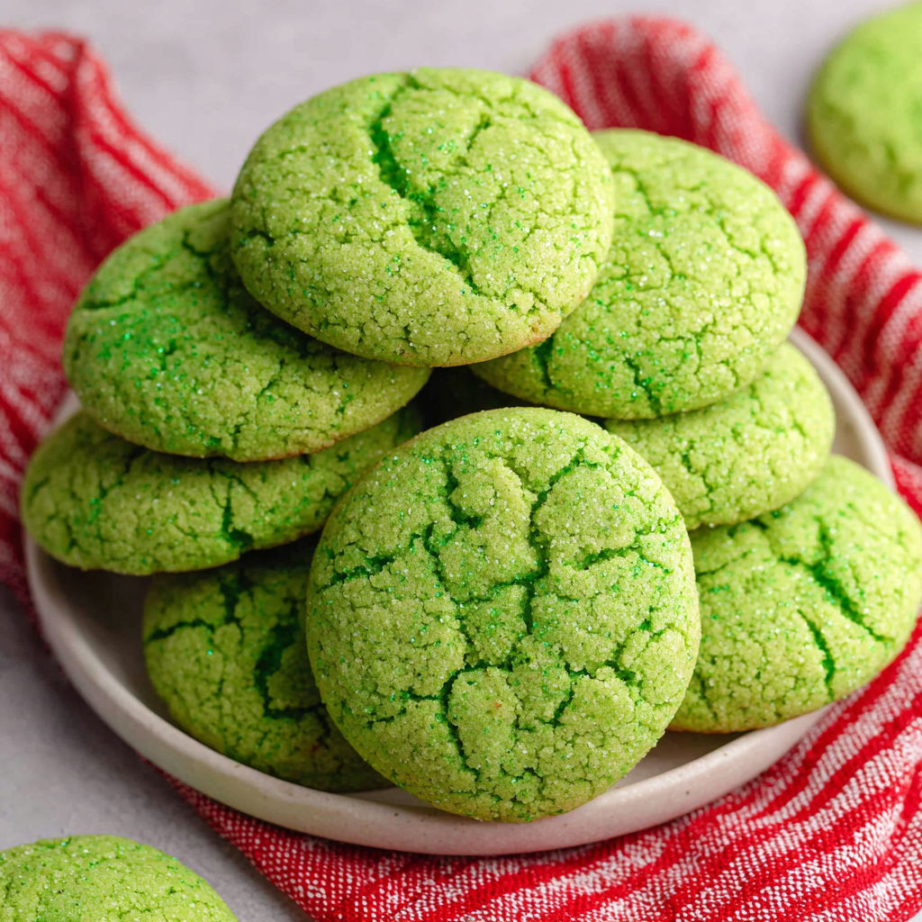 A plate of green cookies with a red and white cloth.
