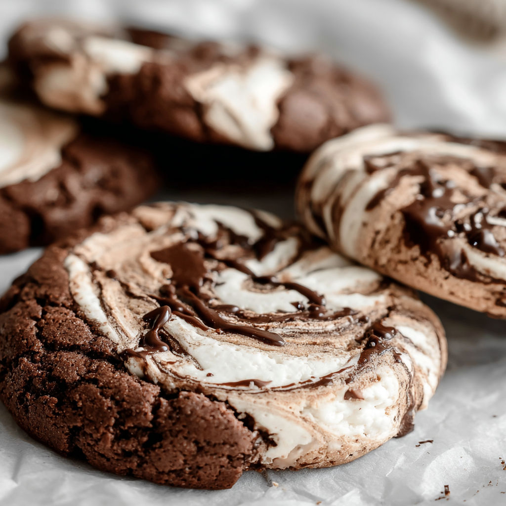 A close up of a chocolate marshmallow swirl cookie.