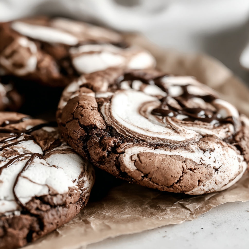Chocolate marshmallow swirl cookies on a paper towel.