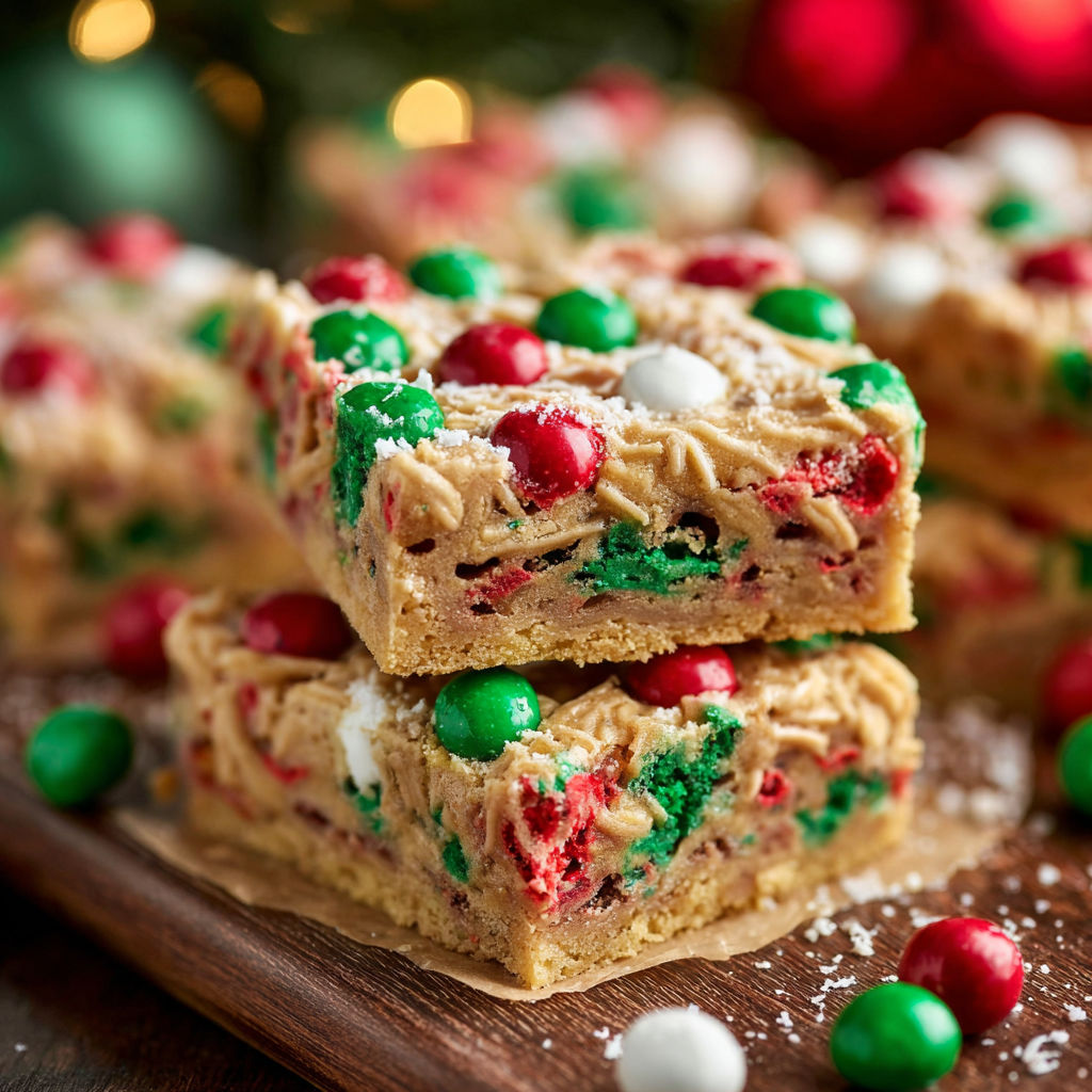 A close up of a candy bar with a white and green decoration.