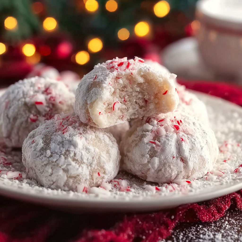 A plate of peppermint snowball cookies.