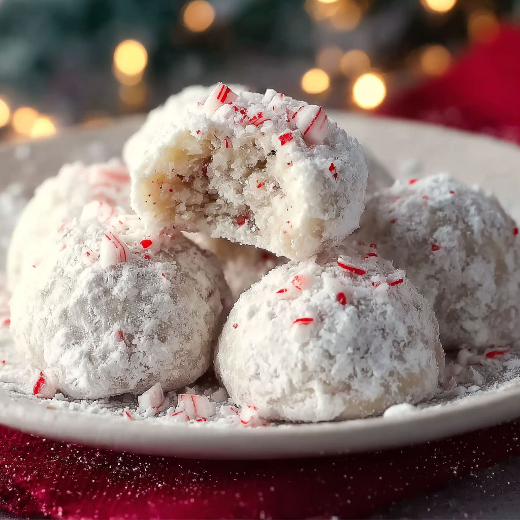 A plate of white powdered sugar balls with red and green stripes.