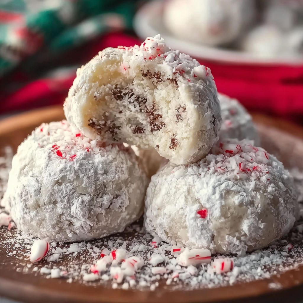 A plate of white powdered sugar covered cookies with red and green sprinkles.
