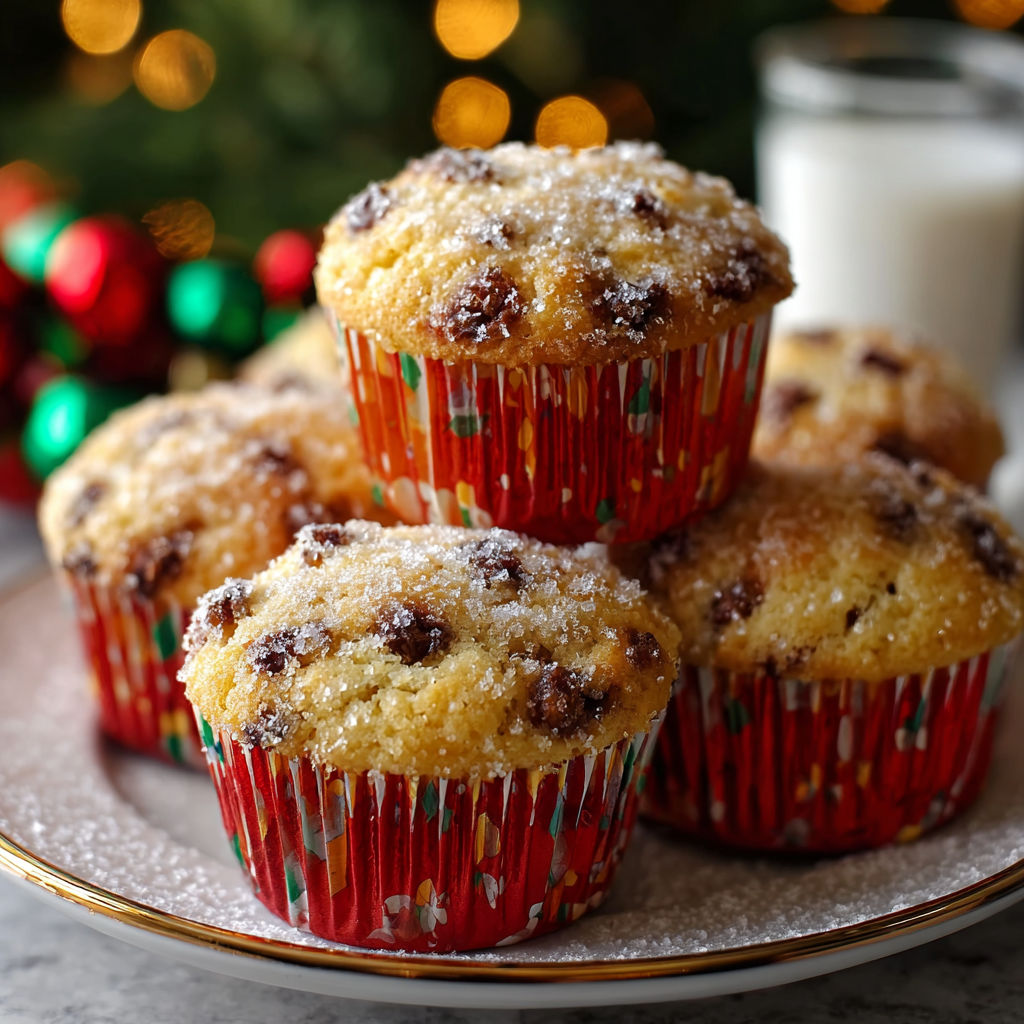 A plate of muffins with powdered sugar and red and green stripes.