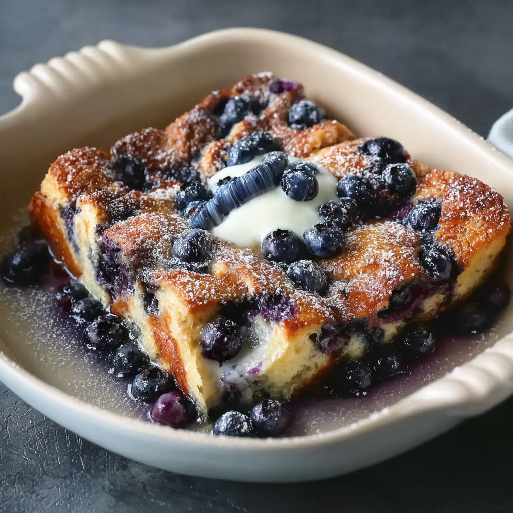 A bowl of French toast with blueberries and whipped cream.