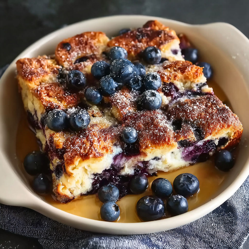A bowl of French toast with blueberries.