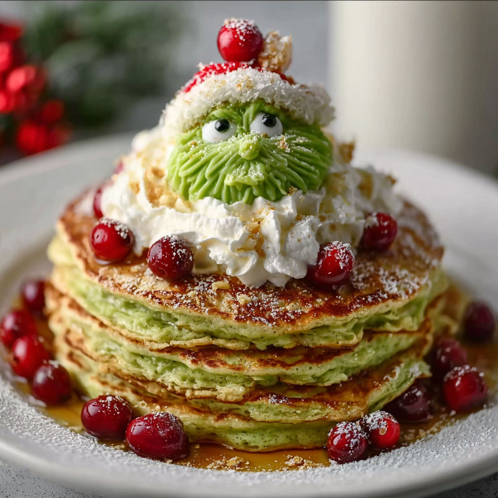 A stack of pancakes with whipped cream and berries, resembling the Grinch.