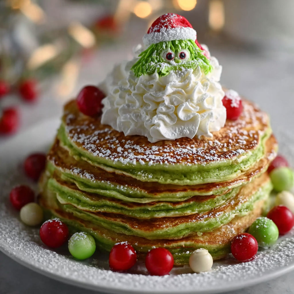 A stack of pancakes with whipped cream and a green Grinch on top.