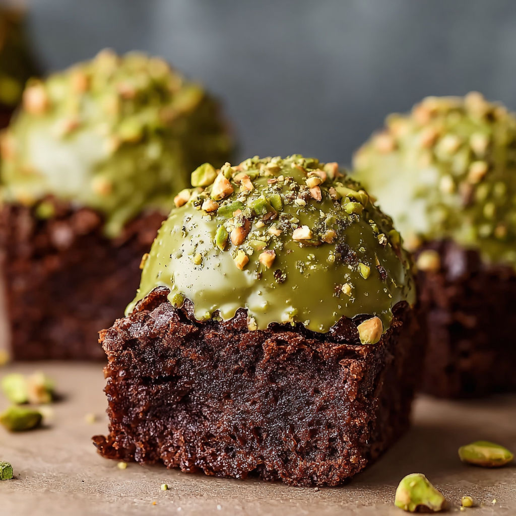 A close up of a chocolate brownie with pistachio nuts on top.