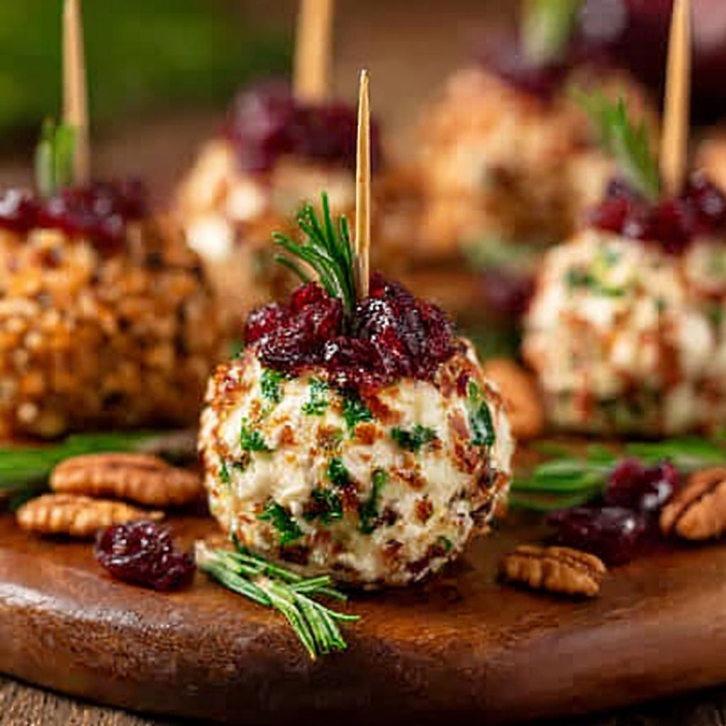 Bite-sized cheese balls on a wooden platter.