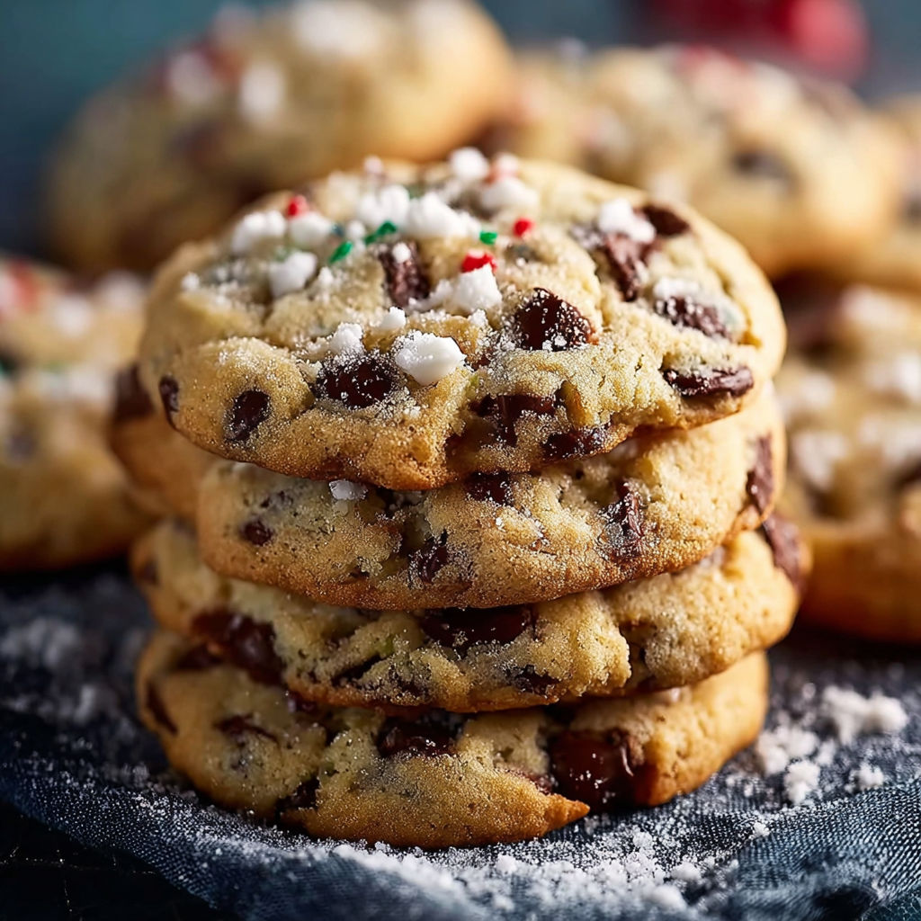 A stack of chocolate chip cookies with white icing.