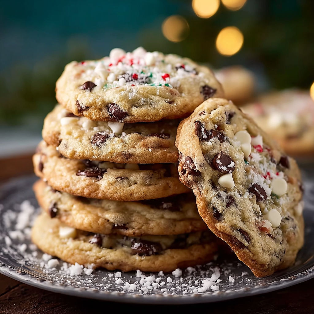 A stack of cookies with white icing and red and green sprinkles.