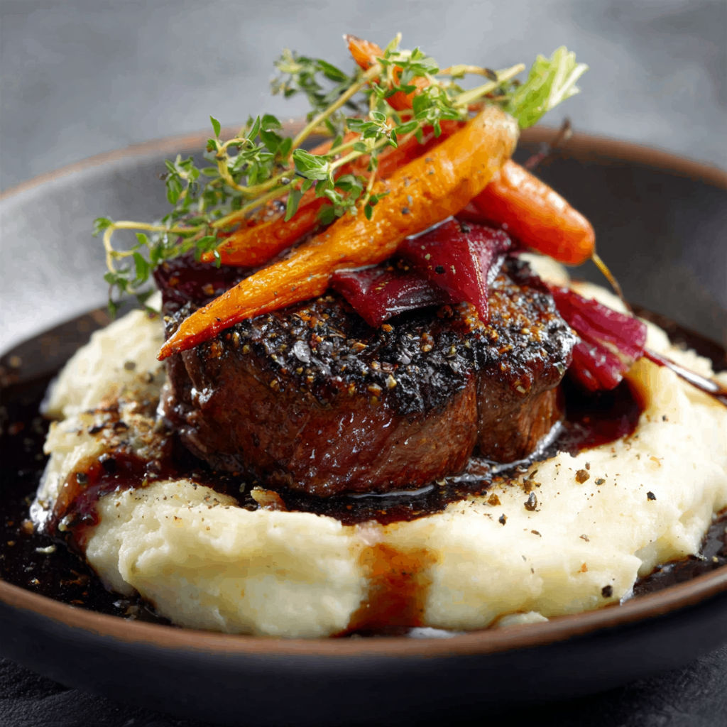 A plate of food with meat and vegetables.