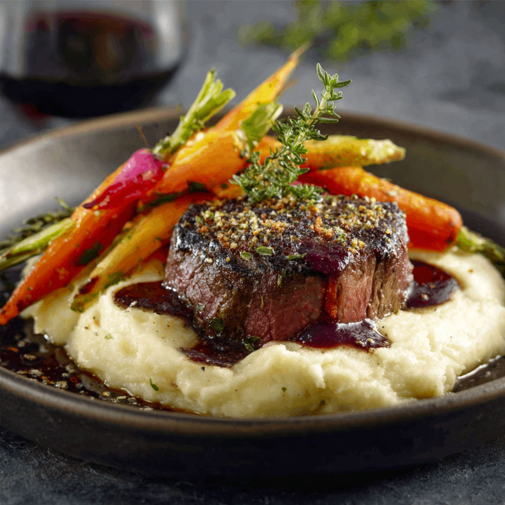 A plate of food with meat and vegetables.
