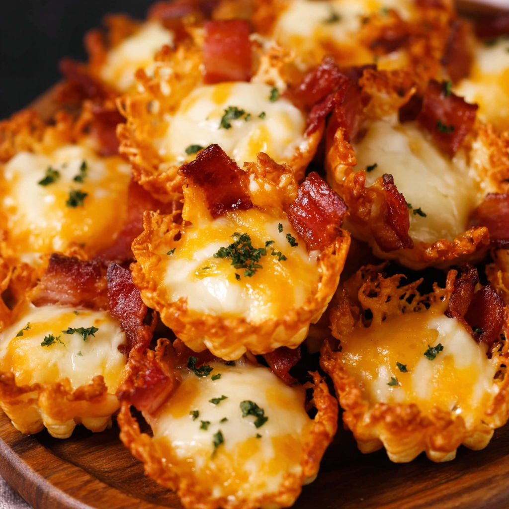 Bacon and cheese appetizers on a wooden platter.