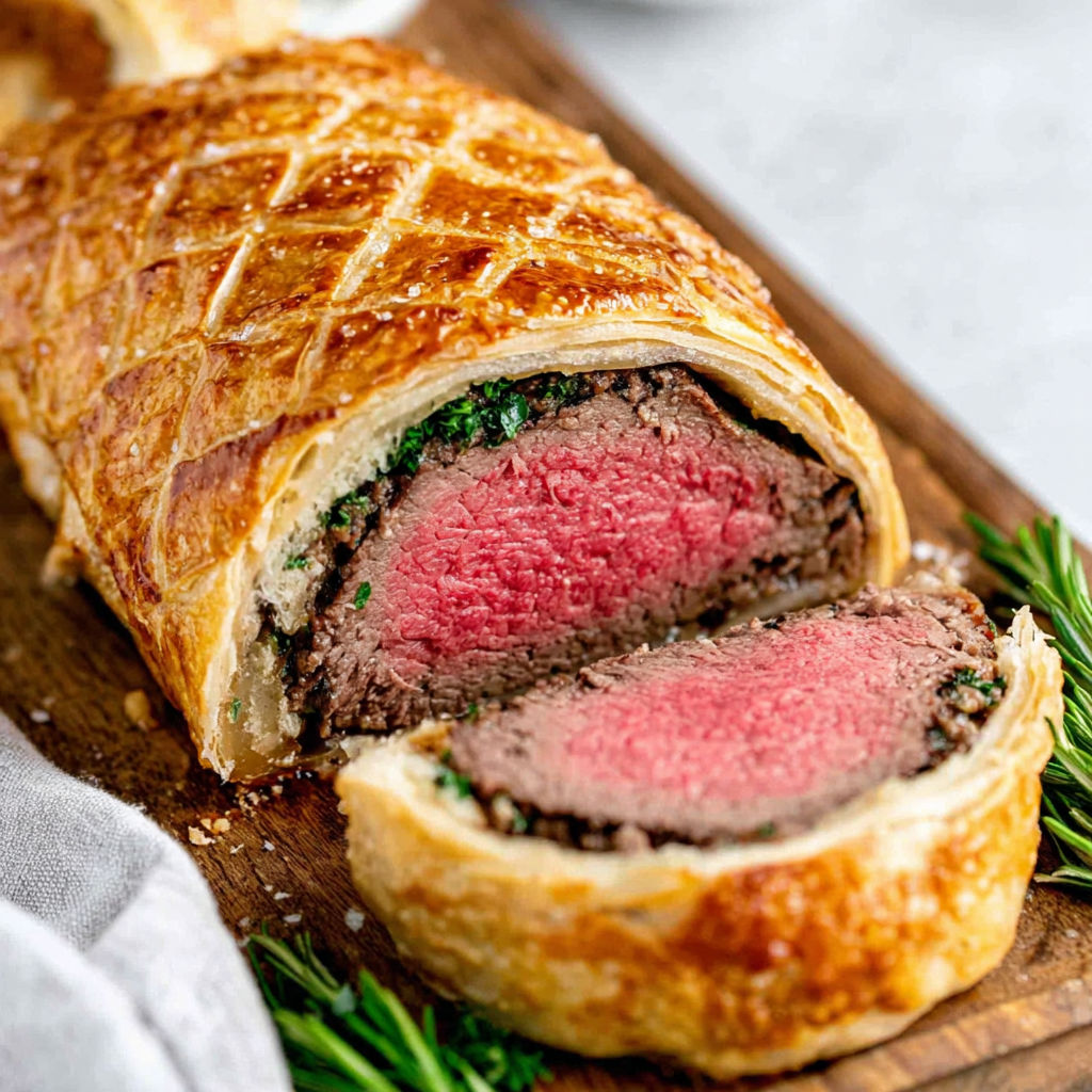 A slice of beef wellington on a wooden board.