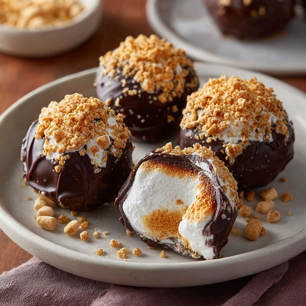 Marshmallow truffles with white marshmallows on top.