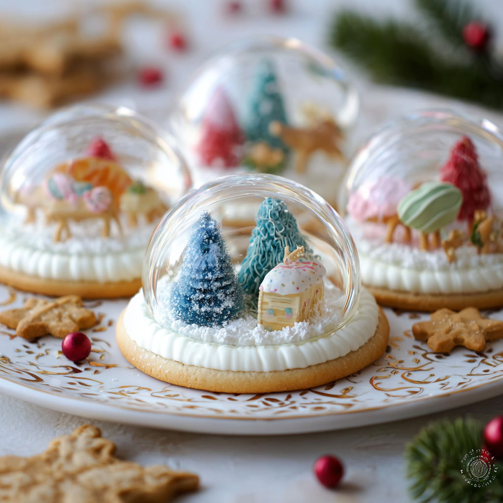 Snow globe cookies with trees and animals.