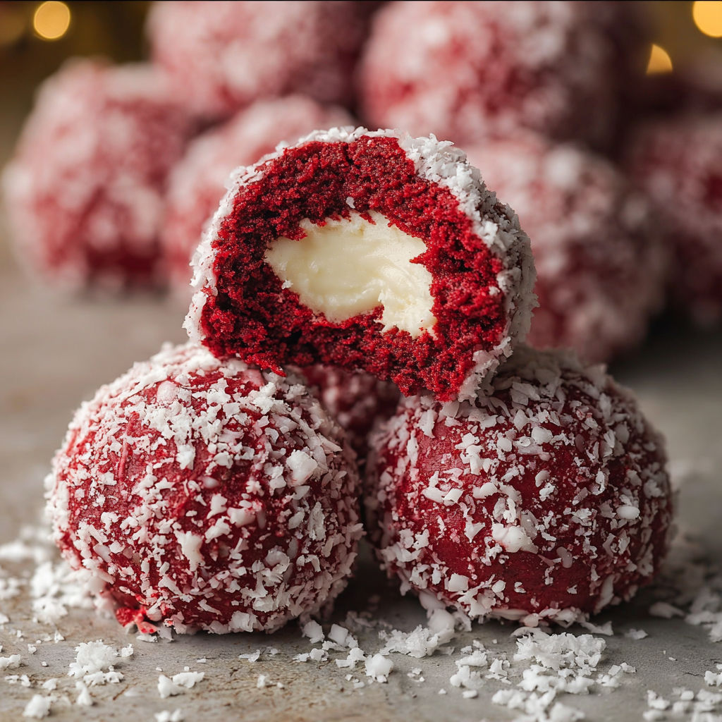 Red velvet snowball cookies with white chocolate filling.