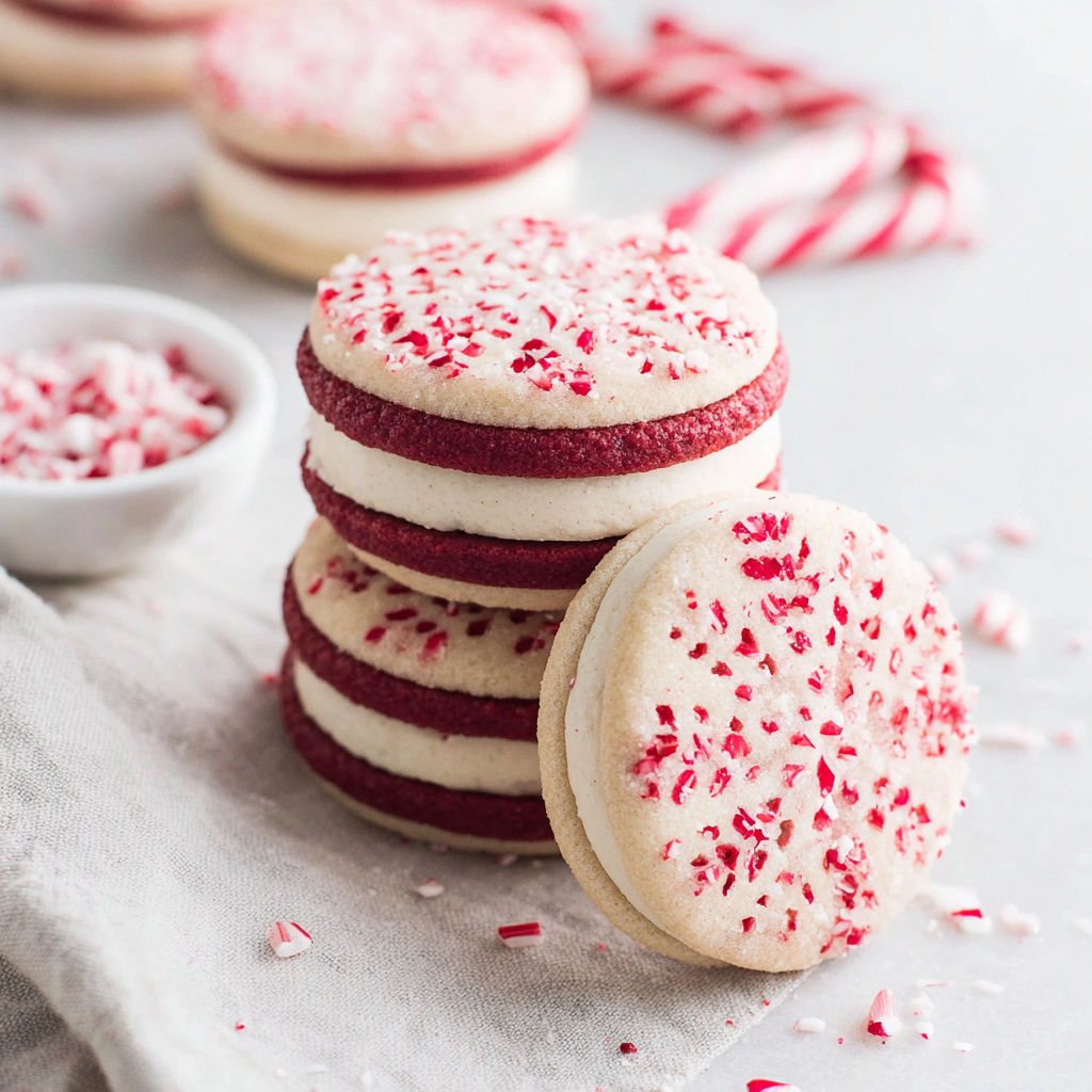 A stack of peppermint butter cookie sandwiches.