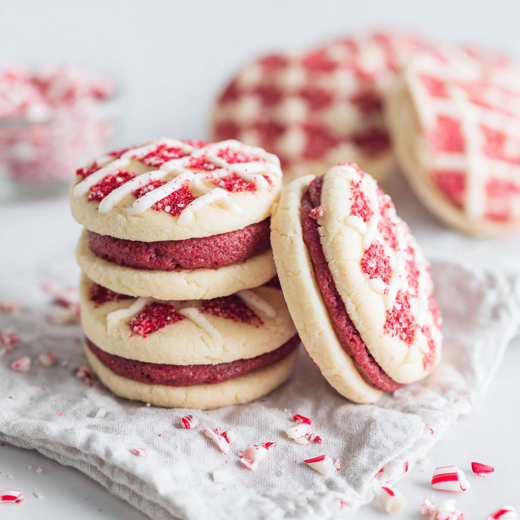Peppermint butter cookie sandwiches stacked on a plate.