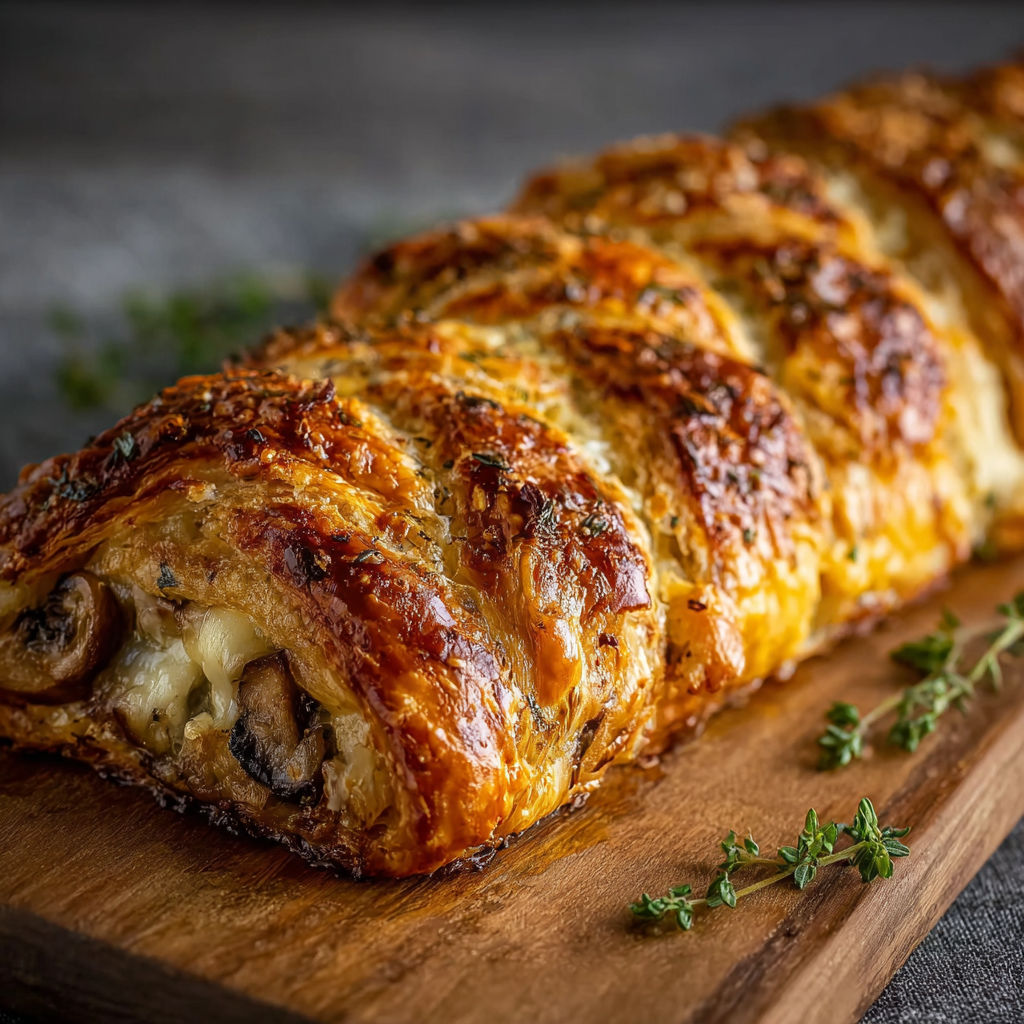 A long pastry with mushrooms and cheese on a wooden board.