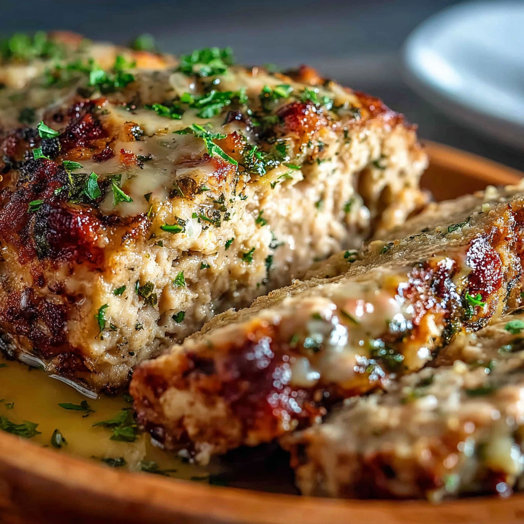 A piece of garlic Parmesan chicken meatloaf.