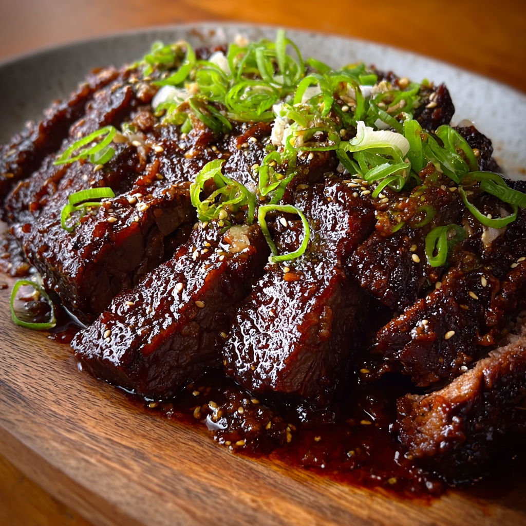 A plate of Asian BBQ beef with green onions.