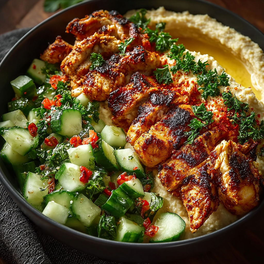A bowl of food with chicken, cucumbers, and hummus.