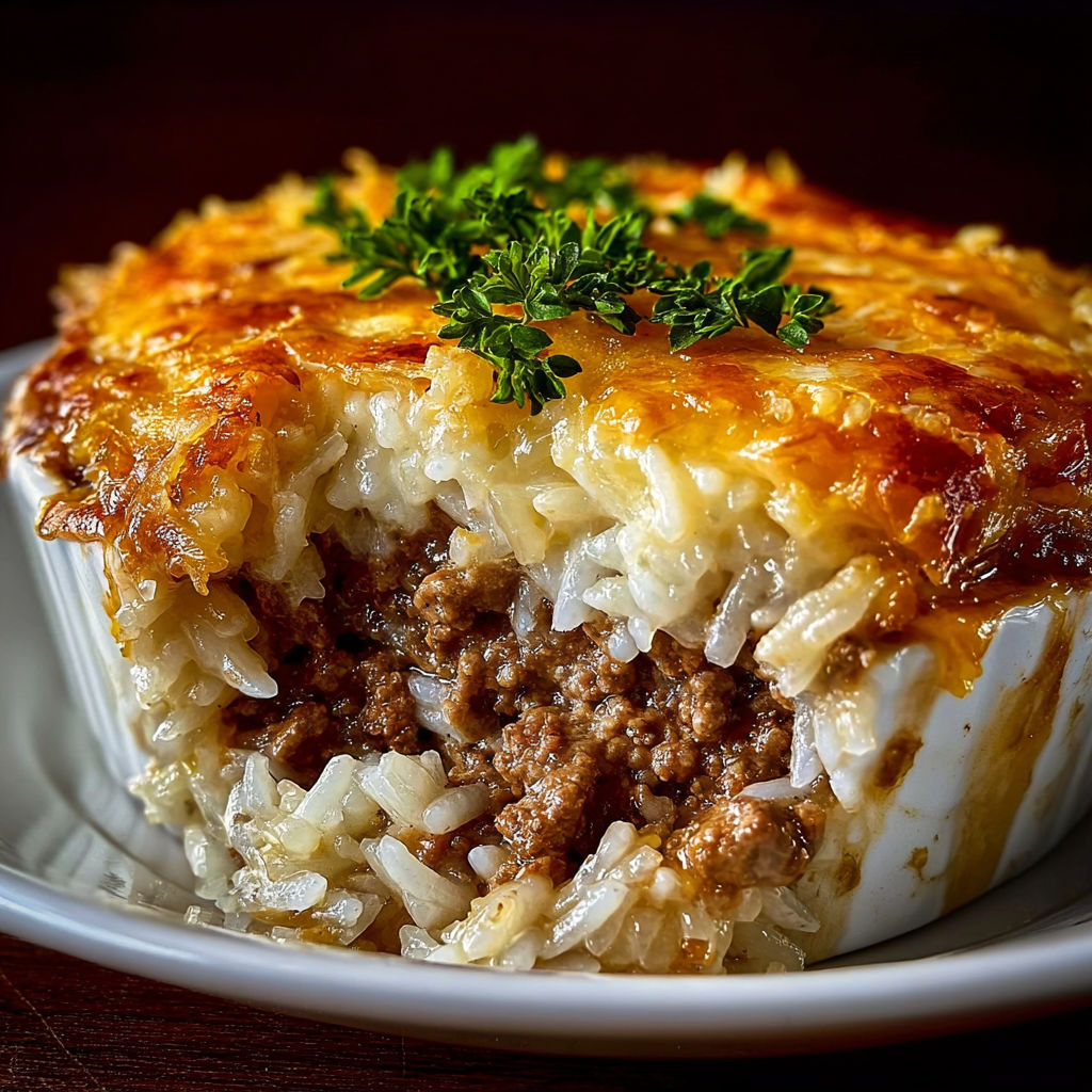 A casserole with rice, ground beef and onions.