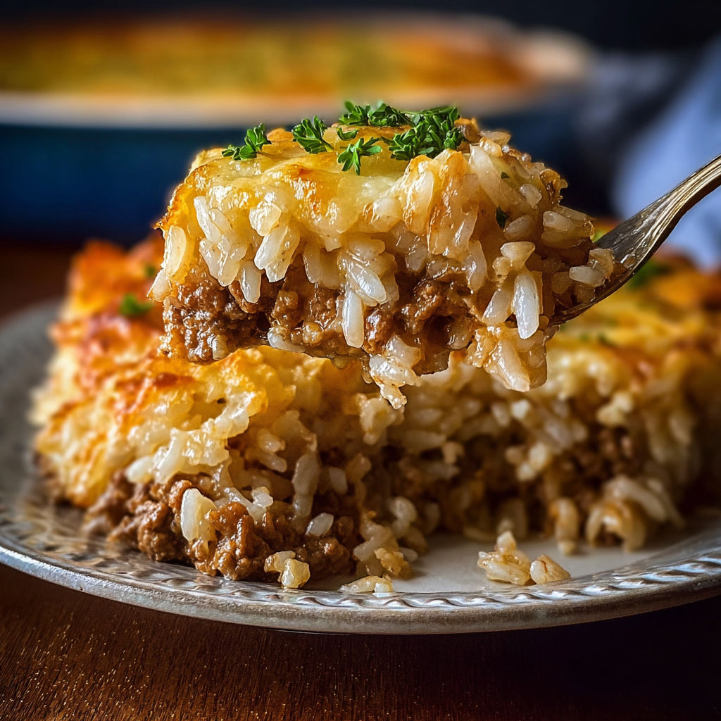 A fork is stuck in a piece of French Onion Ground Beef and Rice Casserole.