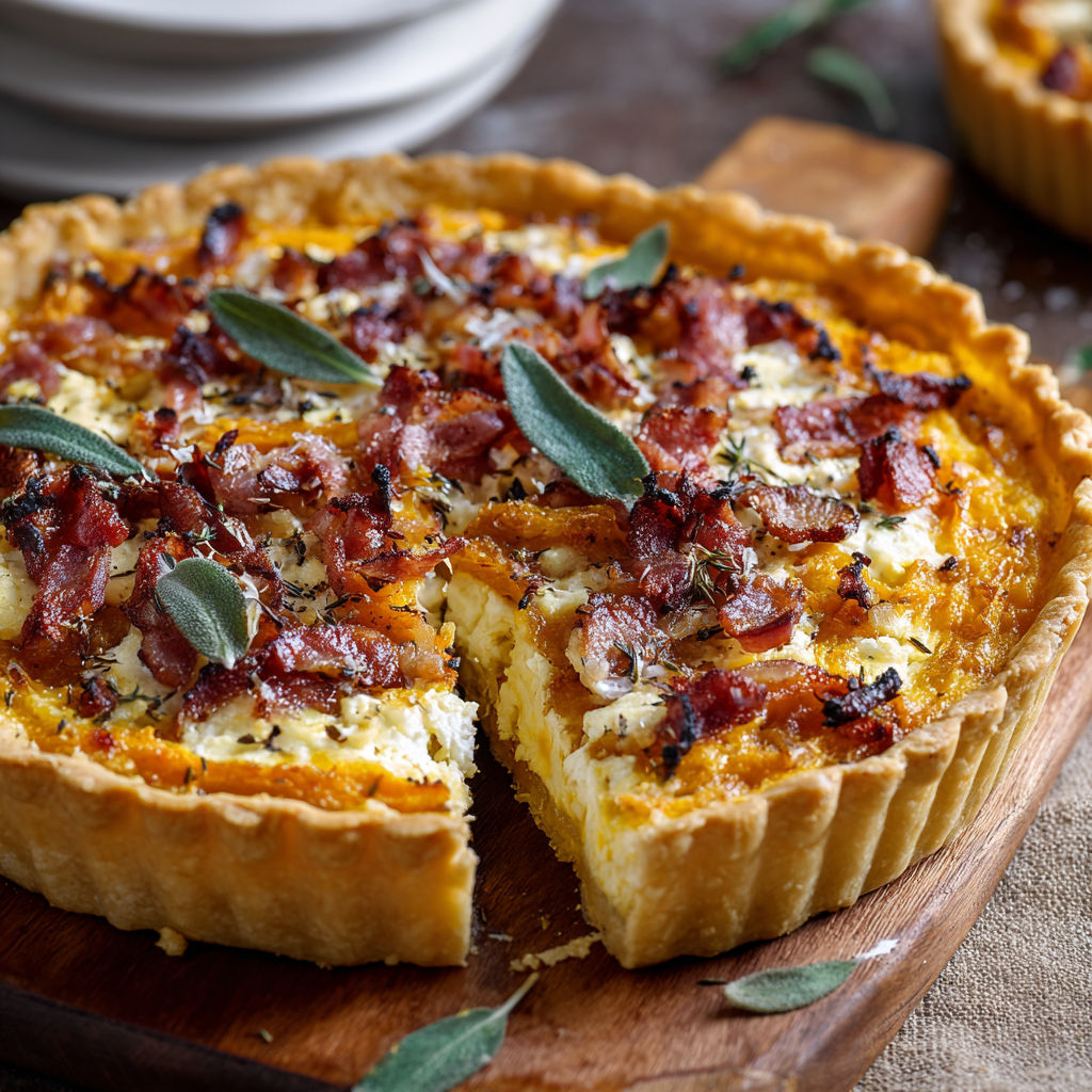 A slice of pumpkin, ricotta and caramelized onion tart with bacon and sage.