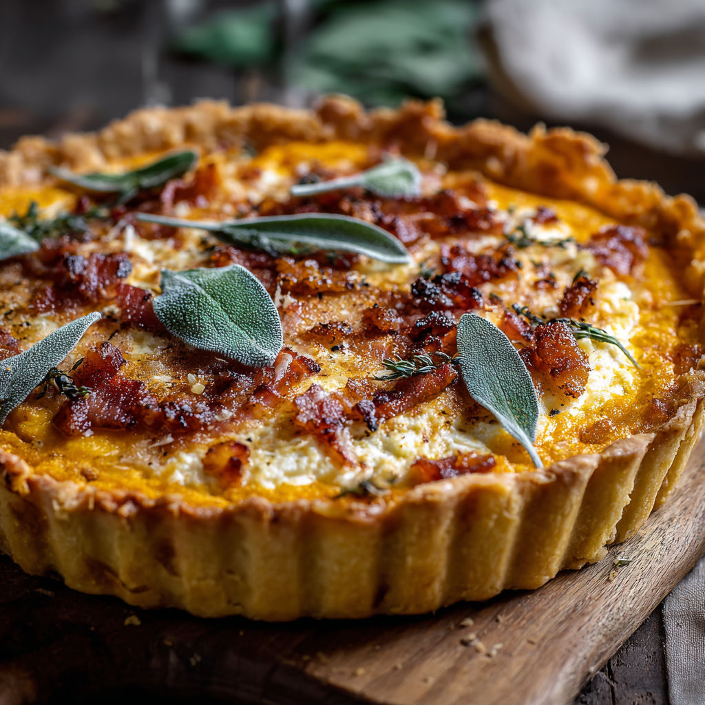 A pumpkin, ricotta and caramelized onion tart with bacon and sage.