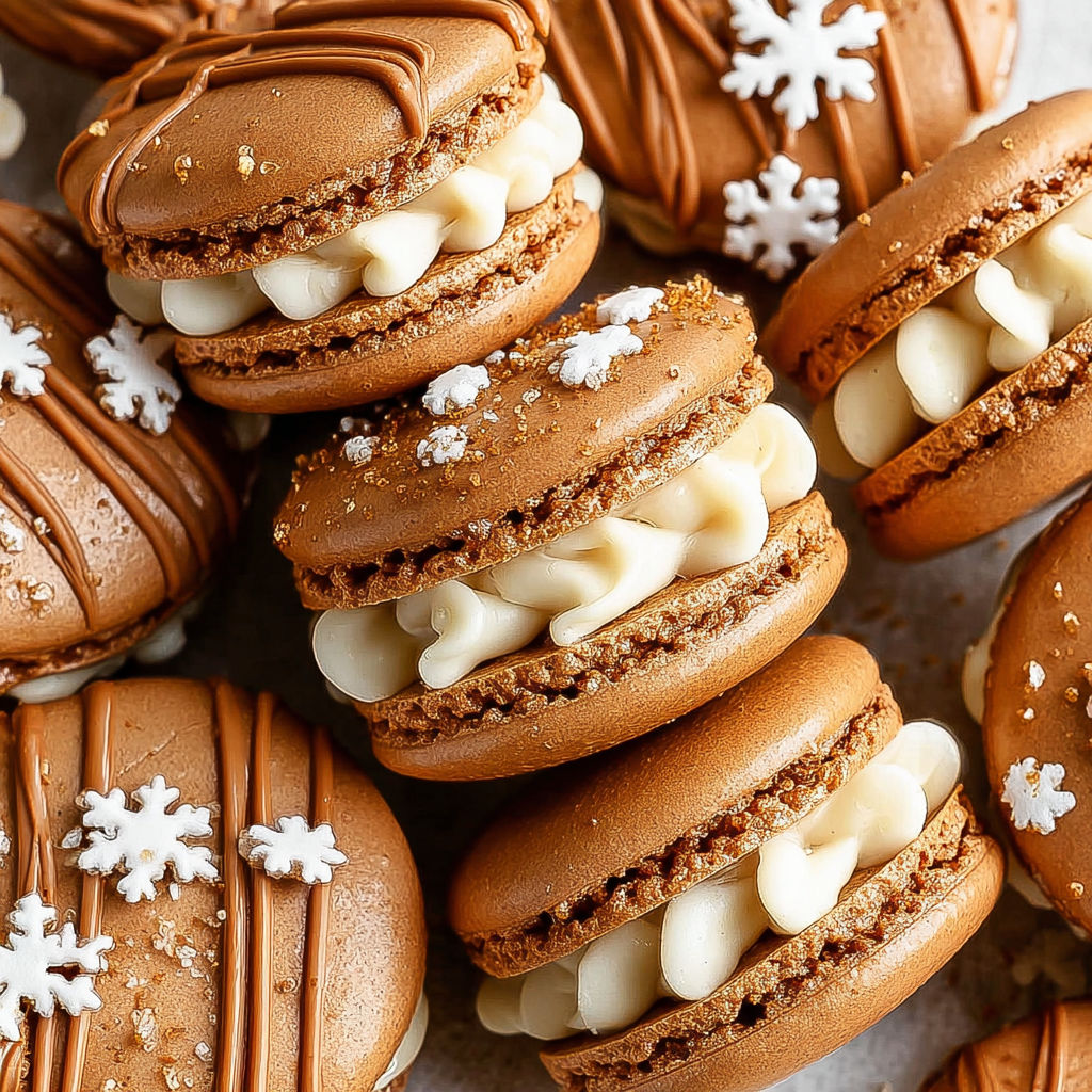 Gingerbread macarons with white icing.