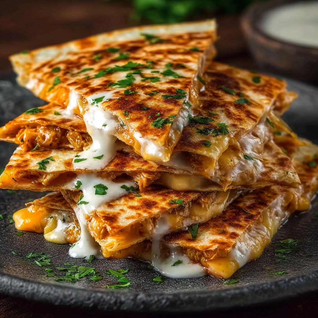 A stack of cheesy hot honey chicken quesadillas.