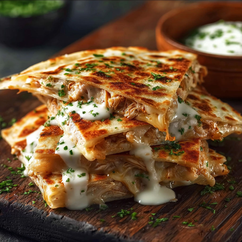 A stack of cheesy hot honey chicken quesadillas.