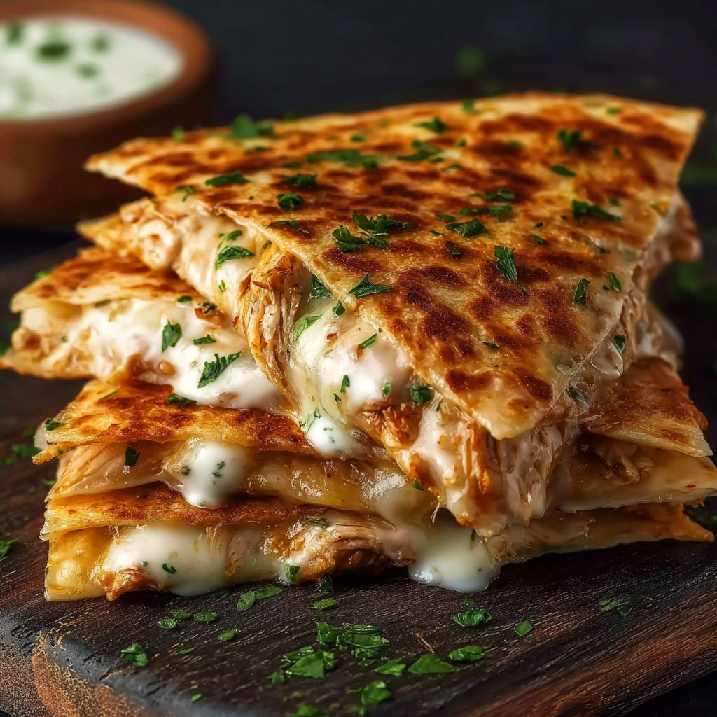A stack of cheesy hot honey chicken quesadillas.