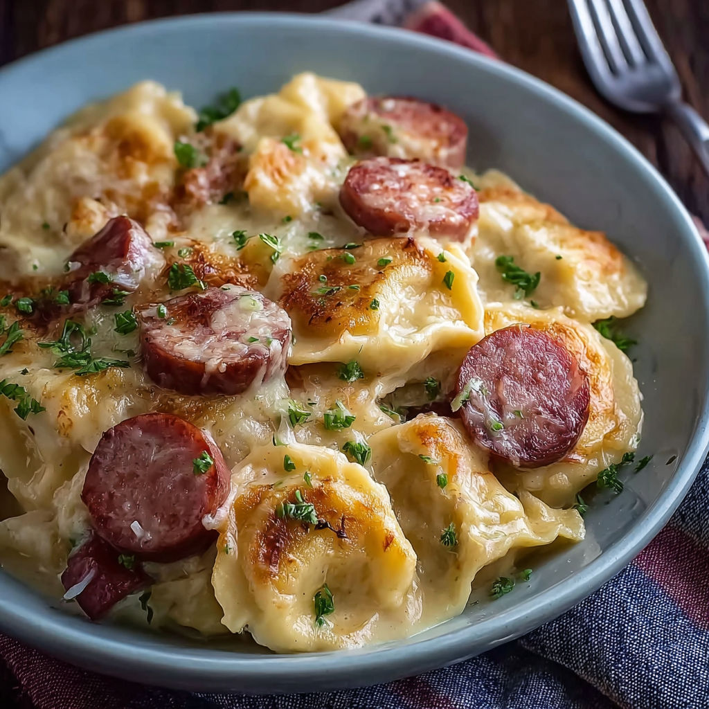 A bowl of food with sausage and potatoes.