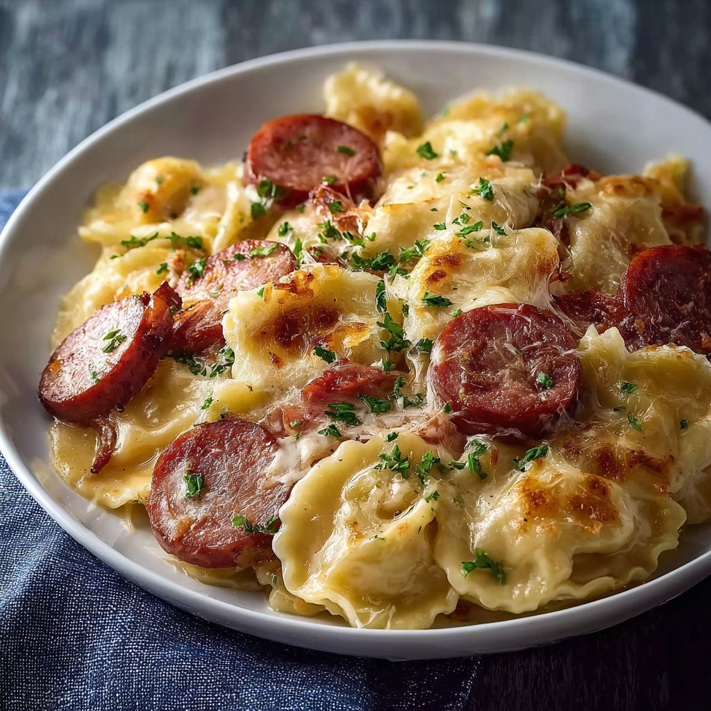A plate of pasta with sausage and cheese.