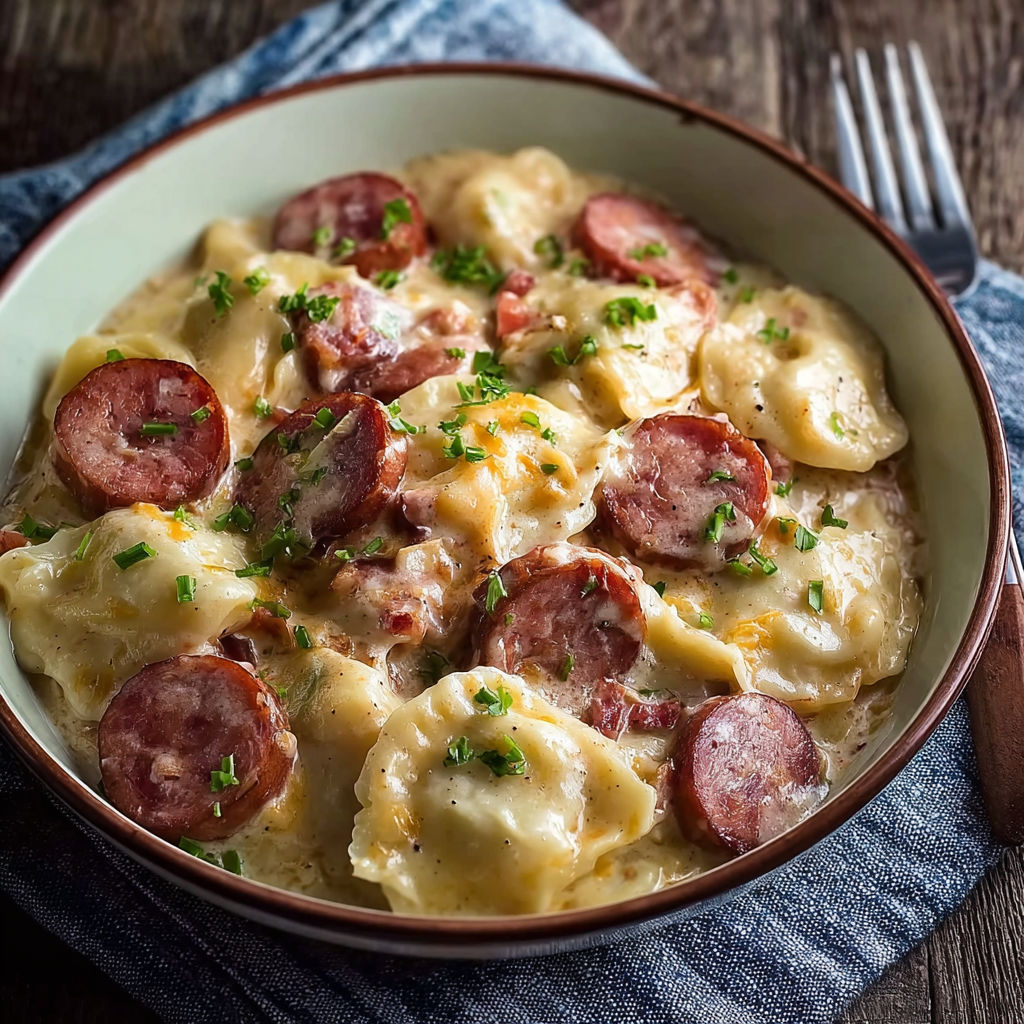 A bowl of food with sausage and pasta.