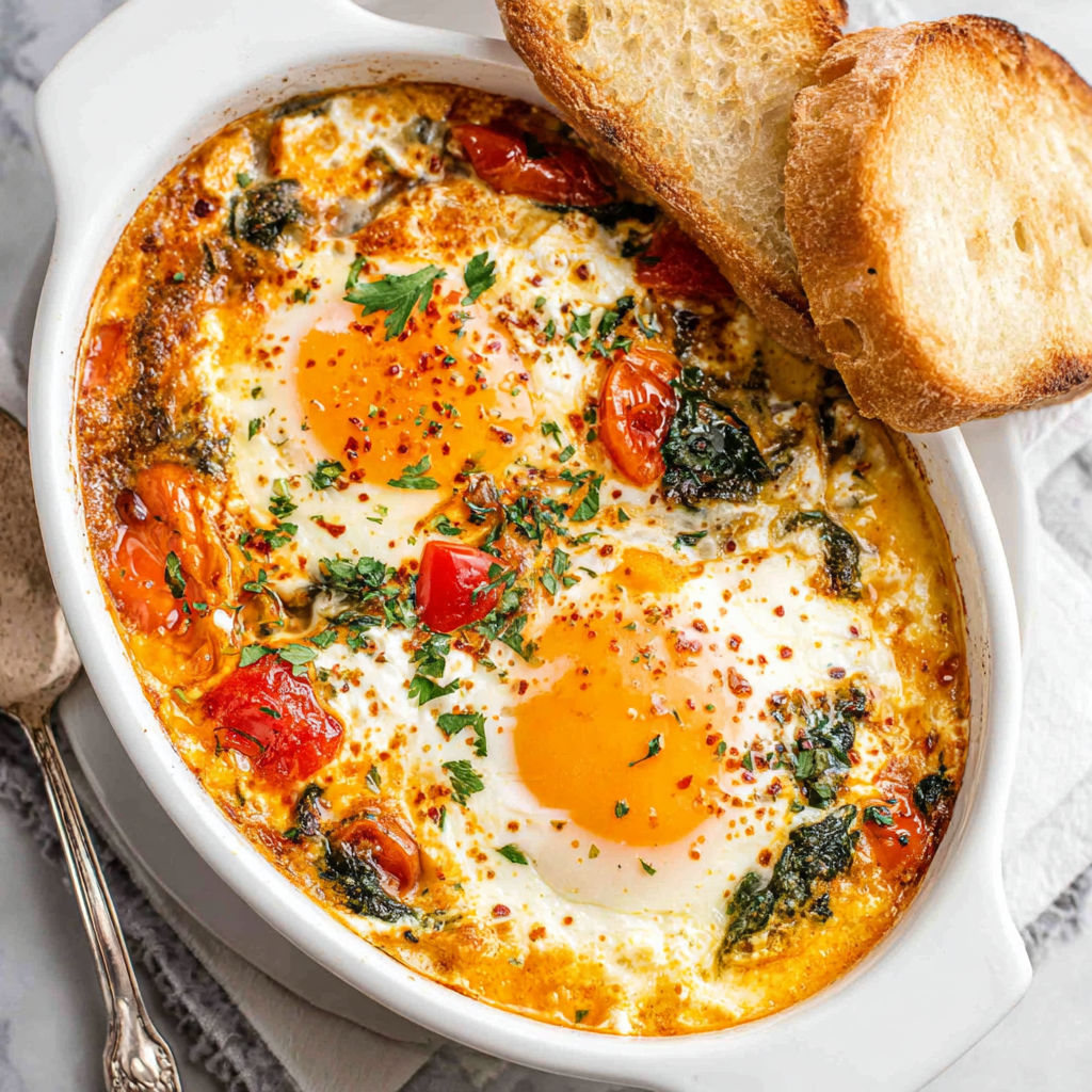 A bowl of baked feta eggs with bread.